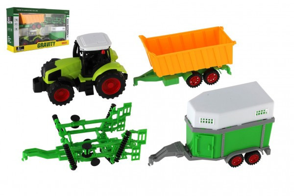 Traktor s vlekom 3ks plast 19cm na zotrvačník v krabici 45x26x10cm