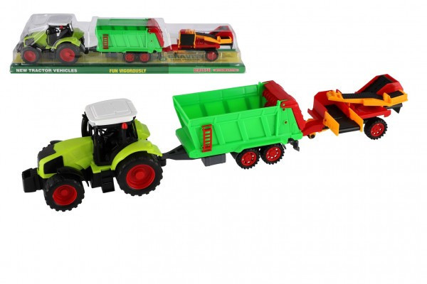 Traktor s vlekom s pásom plast 56cm na zotrvačník v blistri