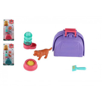 Maznáčik/pes s prenosným boxom plast 5cm s doplnkami 2 druhy na karte 12,5x25x5cm