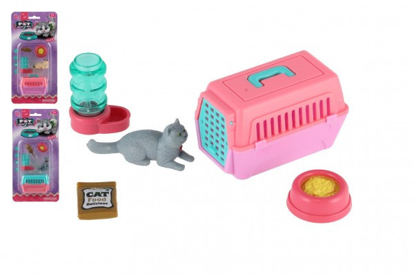 Maznáčik/mačka s prenosným boxom plast 4cm s doplnkami 4 druhy na karte 12,5x25x5cm