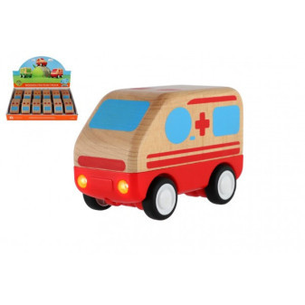 Auto ambulancia drevo na zotrvačník 11cm 18m+