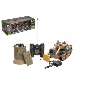 Tank RC 35cm + bunker na bat. plast s dobíjacím packom so zvukom so svetlom 40MHz v krabici 51x17x1