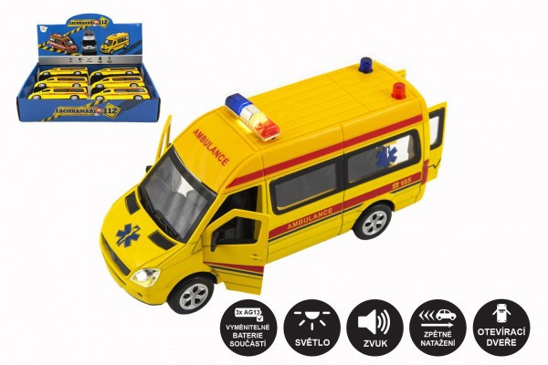 Auto ambulancie záchranári kov/plast 15cm na bat. so svetlom so zvukom na spätné natiahnutie