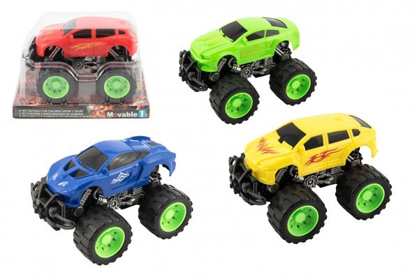 Auto terénne veľké kolesá plast 13cm na zotrvačník 4 farby v blistri