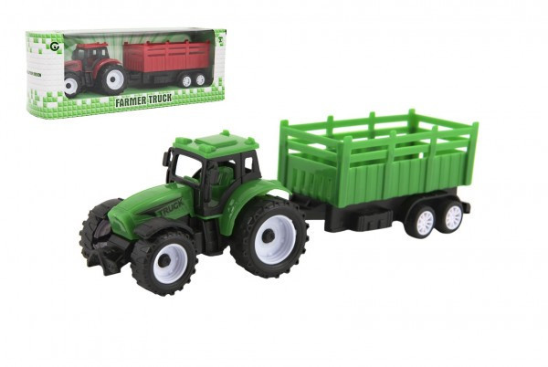 Traktor s vlekom plast 21cm na voľný chod 2 farby v krabičke 23x9x6cm