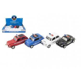 Auto polícia retro 11cm kov/plast na spätné natiahnutie na batérie so svetlom 4 druhy