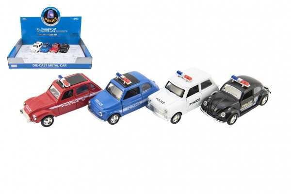 Auto polícia retro 11cm kov/plast na spätné natiahnutie na batérie so svetlom 4 druhy
