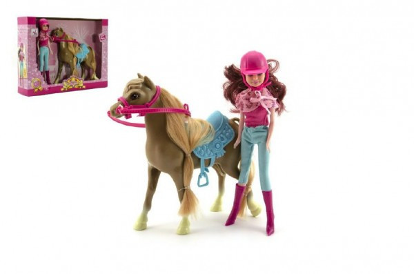 Kôň česací s doplnkami + bábika džokejka 23cm plast v krabici 34x27x7cm