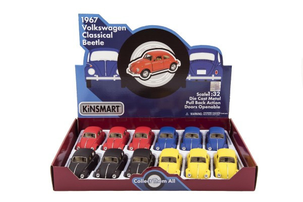 Auto Kinsmart VW Classical Beetle kov/plast 13cm na spätné natiahnutie 4 farby 12ks v boxe