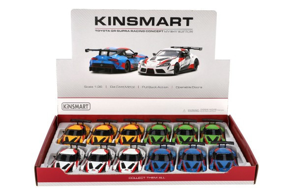 Auto Kinsmart Toyota GR Supra Racing kov 13cm 4 farby na spätné natiahnutie
