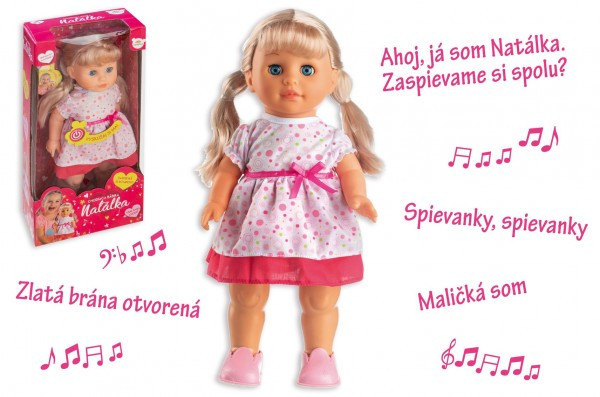 Panenka Natálka chodiaci a slovensky spievajúc plast 42cm na batérie so zvukom v krabici 21x44x1