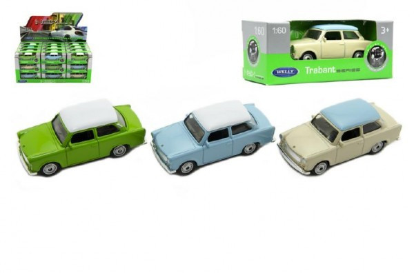 Auto Welly Trabant 1:60 kov 7cm mix farieb voľný chod v krabičke 36ks v boxe