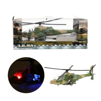 Vrtuľník/Helikoptéra vojenská plast 18cm na batérie so svetlom so zvukom asst 2 farby v krabici
