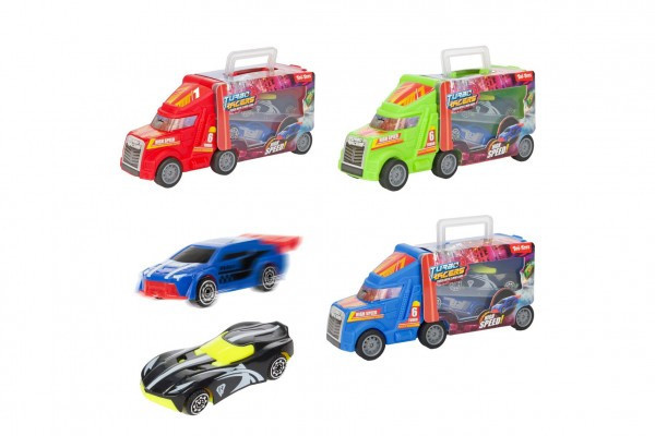 Auto kamión + auto 2ks závodný plast na voľný chod 3 farby 5x7x16cm