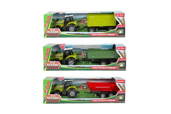 Traktor s vlekom plast 24cm na voľný chod na batérie so svetlom, zvukom 3 druhy v krabici 29x9cm