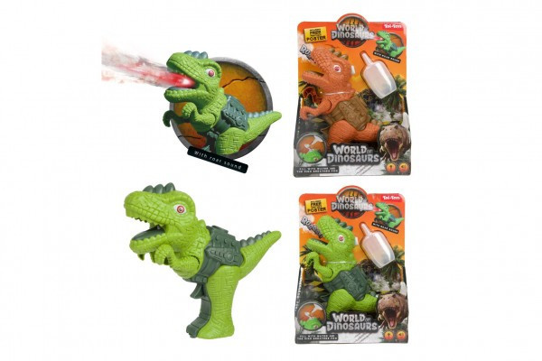 Dinosaurus pištoľ plast 13x16cm vypúšťajúca paru na batérie so svetlom, zvukom 2 farby v krabe