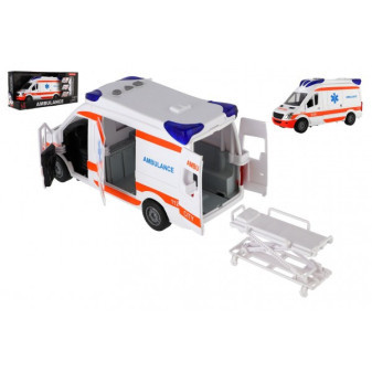 Auto ambulancia plast 26cm s lehátkom na zotrvačník so svetlom so zvukom v krabici 37x18x11, 5cm