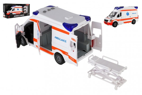 Auto ambulancia plast 26cm s lehátkom na zotrvačník so svetlom so zvukom v krabici 37x18x11, 5cm