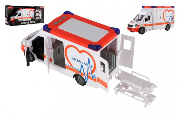 Auto ambulancia plast 28cm s lehátkom na zotrvačník so svetlom so zvukom v krabici 39x18x12cm