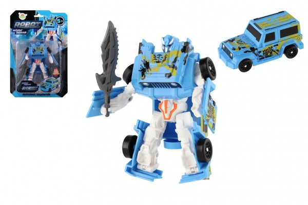 Transformer auto/robot plast 14cm modrý na karte 17x26x6cm
