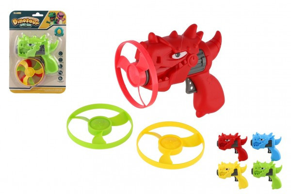 Vystreľovacia vrtuľka 3ks + štartér pištole dinosaurus plast 4 farby na karte 15,5x24x5cm