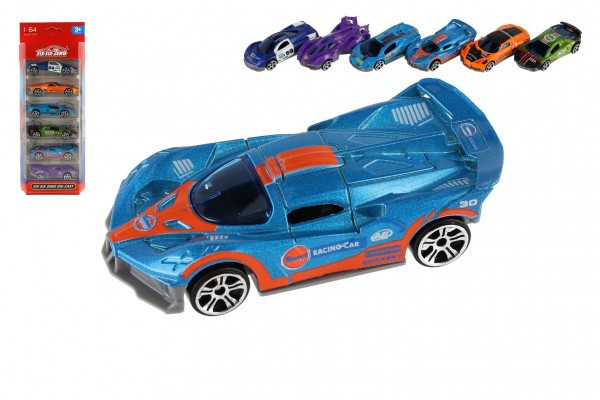 Auto športové 6ks kov/plast 8cm na voľný chod v krabičke 10,5x27,5x4cm