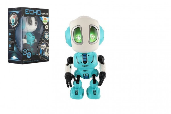 Robot ECHO opakujúce vety kovový 12cm modrý na batérie so zvukom so svetlom v krabičke 10,5x15x5