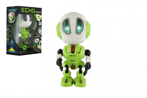 Robot ECHO opakujúce vety kovový 12cm zelený na batérie so zvukom, svetlom v krabičke 10,5x15x5,