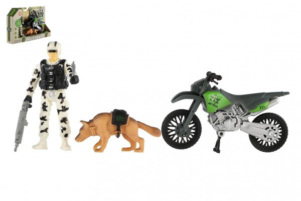Vojenská sada plast motorka, vojak, pes s doplnkami v krabici 23x14x4cm