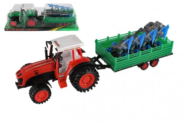Traktor s vlekom s pluhom plast 53cm na zotrvačník 2 farby v blistri