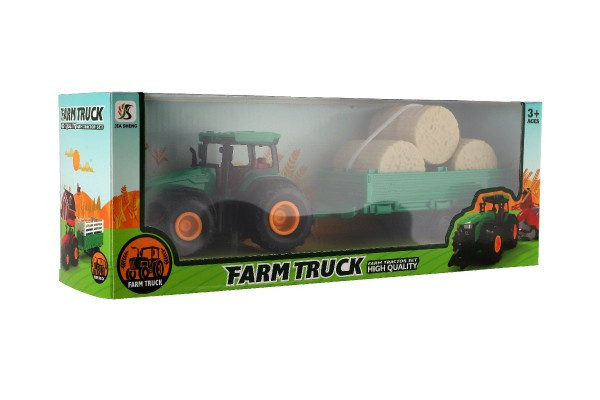 Traktor s vlekom s balíkama plast 30cm na zotrvačník 3 farby v krabici 33x12x9cm