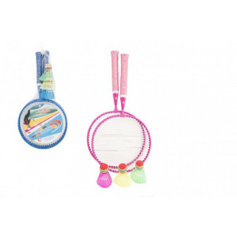 Badminton sada detská kov/plast 2 pálky + 3 košíčky 2 farby v sieťke 23x45x6cm