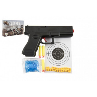 Pištoľ na guličky 20cm plast + vodné guličky 6mm, penové náboje 3ks, gumové guľ. v krabičke 23x15