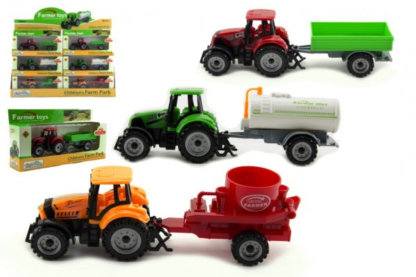 Traktor s prívesom plast/kov 19cm 3 druhy na voľný chod v krabičke 25x13x5, 5cm 12ks v boxe