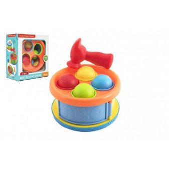 Zatĺkačka/bubínok 17cm 2v1 plast s kladivkom s loptičkami 4ks 2 farby v krabici 18x20x10cm 12m+