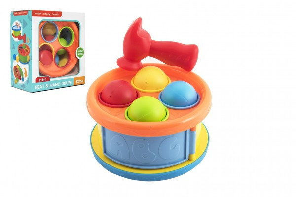 Zatĺkačka/bubínok 17cm 2v1 plast s kladivkom s loptičkami 4ks 2 farby v krabici 18x20x10cm 12m+