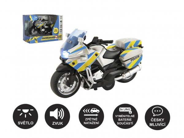 Motorka policajná 12cm kov/plast česky hovoriaca na spätné nat. na bat. so svetlom/zvukom v krab.1