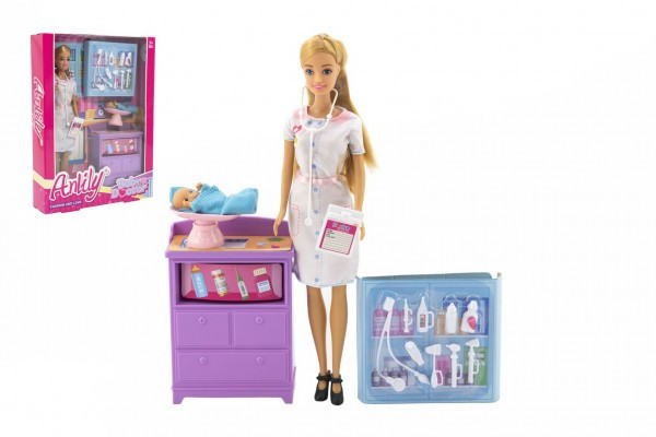 Bábika Anlily detská doktorka kĺbová 30cm plast s bábätkom s doplnkami v krabici 24x32x6cm