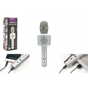 Mikrofón karaoke Bluetooth strieborný na batérie s USB káblom v krabici 10x28x8, 5cm