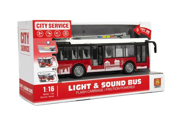 Autobus/trolejbus plast 28cm na zotrvačník na bat. so svetlom so zvukom v krabici 32x17x11cm
