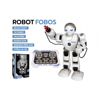 Robot RC FOBOS plast interaktívny chodiaci 40cm česky hovoriaci na batérie s USB v krabici 31x45x13