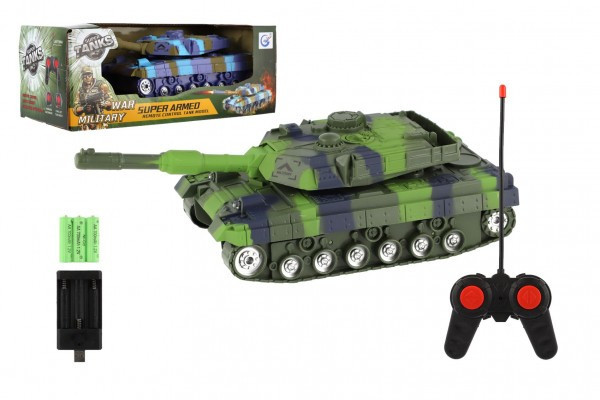 Tank RC plast 25cm 40MHz na batérie + dobíjací pack so zvukom so svetlom 2 farby v krabici 27x11x1