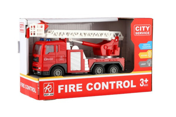 Auto hasiči plast 16cm na zotrvačník na batérie so svetlom so zvukom v krabici 21x13x9cm