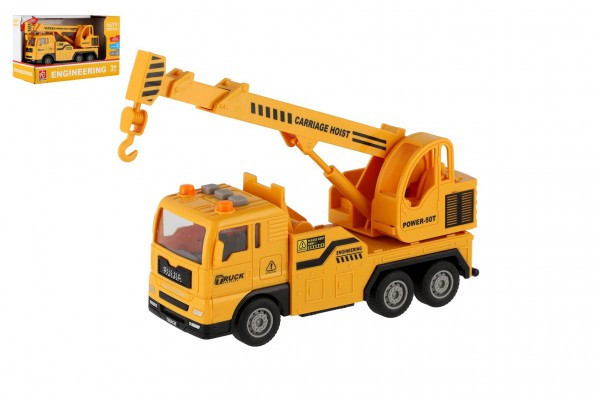 Auto žeriav plast 16cm na zotrvačník na batérie so svetlom so zvukom v krabici 21x13x9cm