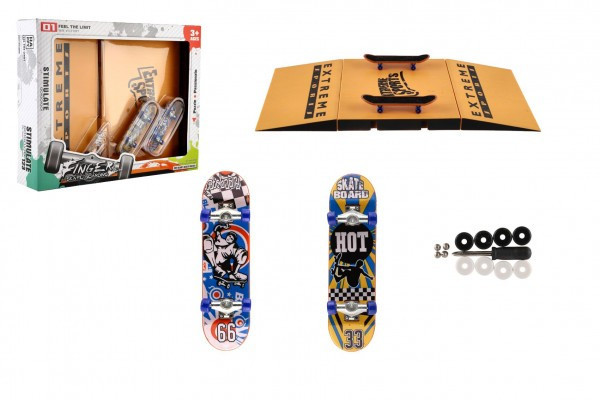 Skateboard prstový skrutkovací 2ks plast 10cm s rampou s doplnkami v krabičke 30x24x6cm