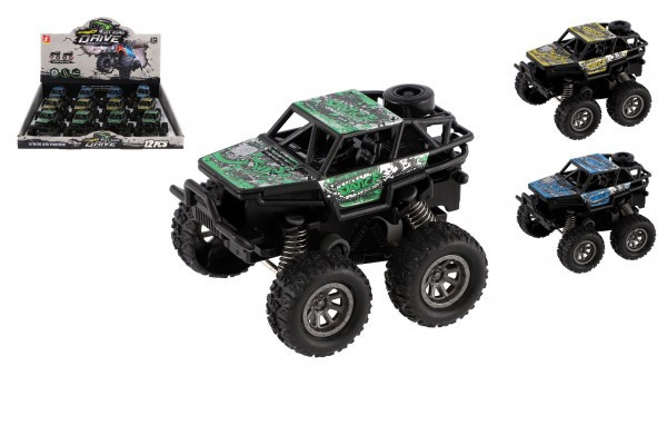 Auto OFF-ROAD kov/plast 7x8,5cm na zotrvačník 3 farby 12ks v boxe