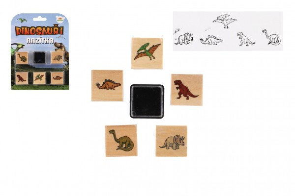 Pečiatky drevené 5+1 s poduškou dinosaury 3x3cm na karte