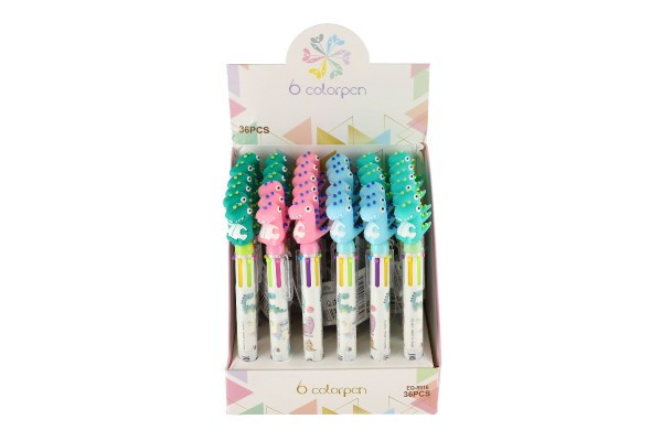 Ceruzka/pero dinosaurus šesť farieb plast 17cm 4 farby