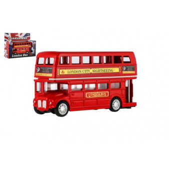 Autobus 'Londýn' červený poschodový kov/plast 12cm na spätné natiahnutie v krabičke 17x13,5x6cm