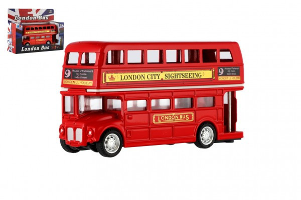 Autobus 'Londýn' červený poschodový kov/plast 12cm na spätné natiahnutie v krabičke 17x13,5x6cm